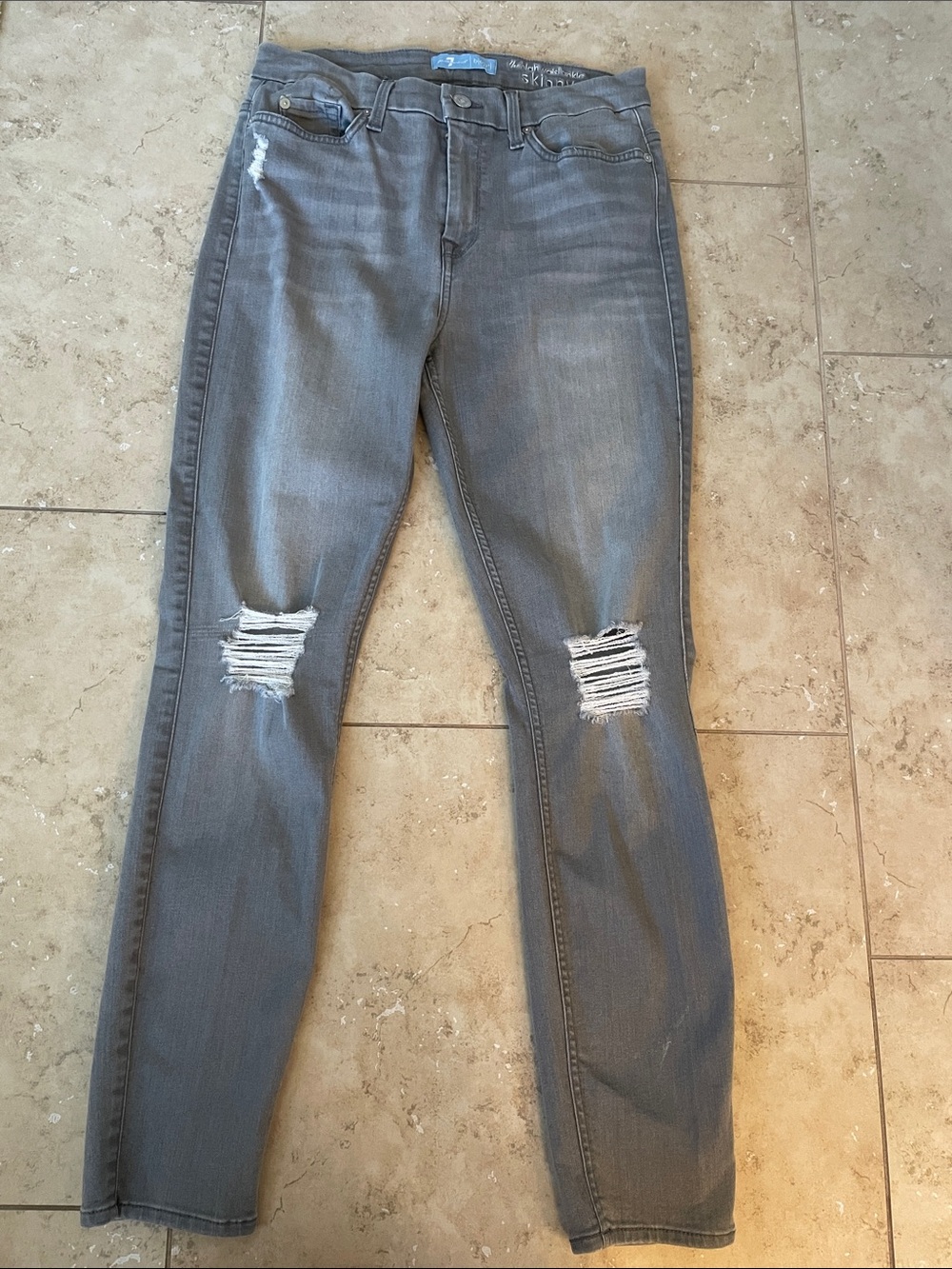 7 For All Mankind High Waist Ankle Skinny Gray Distressed Jeans